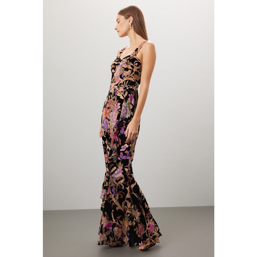 Dress the Population Black Floral Velvet Midi Dress with Pink and Gold Accents - Picture 4 of 16